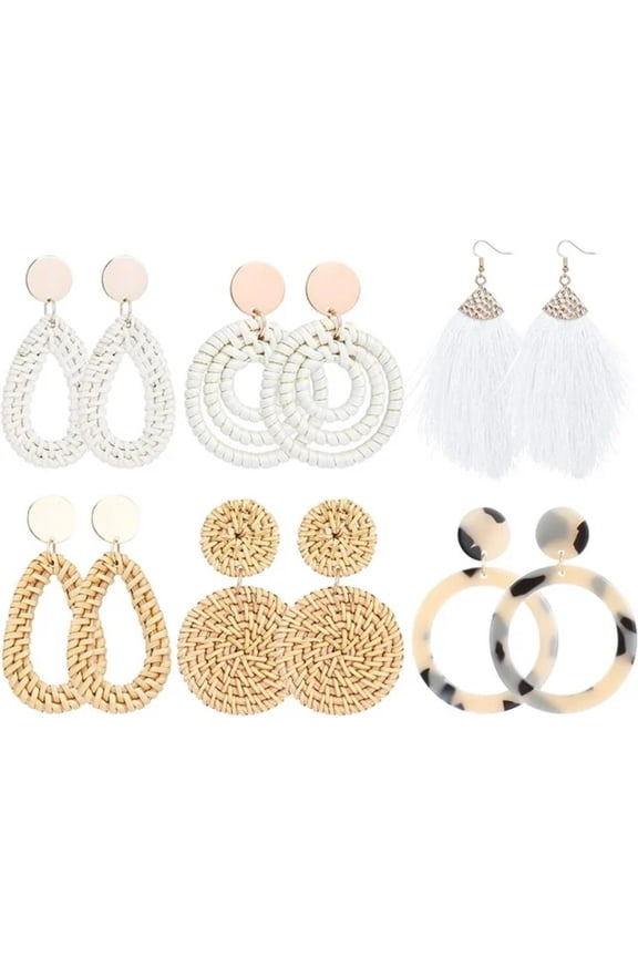 Various Color 6 Pairs Earrings for all, Rattan ,Straw Earrings, Boho Earrings for Tassel, Beach Earrings Handmade Wicker Braid Hoop Drop Earrings, for any occasions