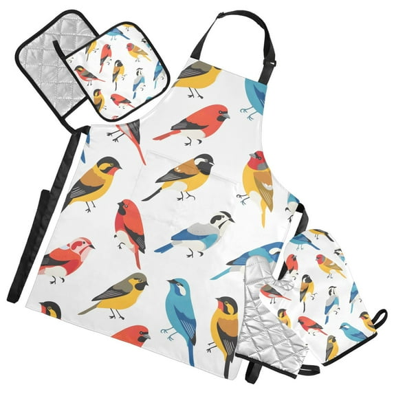 Various Color Birds 5 Pcs Kitchen Set Heat Resistant Oven Mitts and Non-Slip Pot Holders with Adjustable Cooking Apron