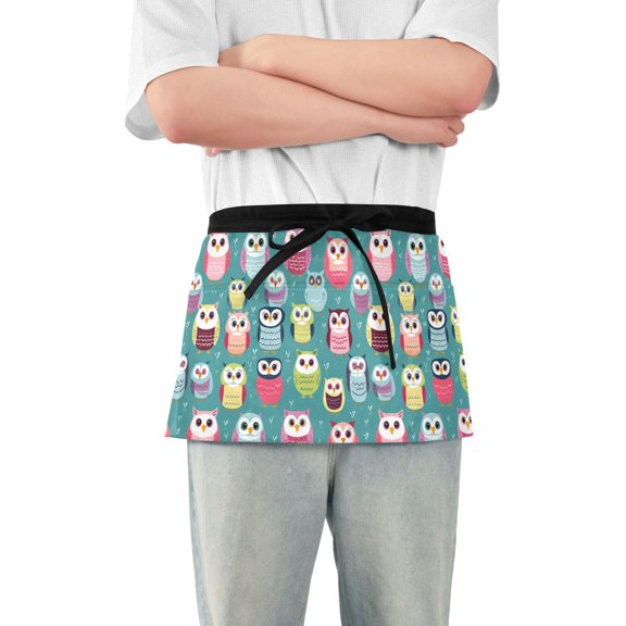 Various Color Owls Server Apron with 3 Pockets Waterproof Waitress Waist Short Apron for Man Woman 12 Inches