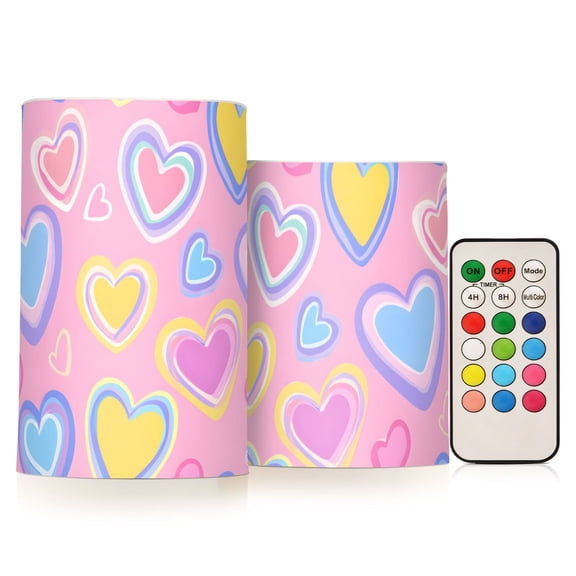 Various Colored Heart Pattern Flameless LED Candle Set with Remote, Battery Operated Color Changing Pillar Candles, Set of 2