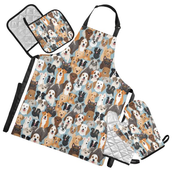 Various Expressive Dogs 5 Pcs Kitchen Set Heat Resistant Oven Mitts and Non-Slip Pot Holders with Adjustable Cooking Apron