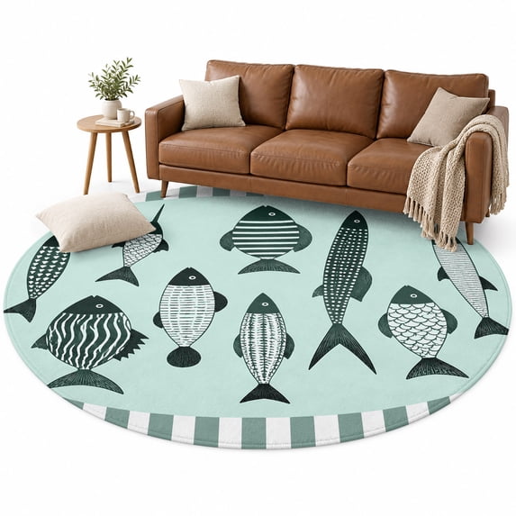Various Fish Round Living Room Rugs 8 ft, Coastal Fish Oval Frame Green ...