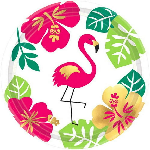 Various Flamingo Metallic Luau Party Disposable Paper Plates, 7 in, 8 Count, 1 Pack