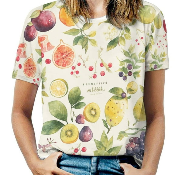 Various Fruits Womens Tops Women's Fashion Casual Short Sleeve Flower Print Round Neck Pullover Top Blouse
