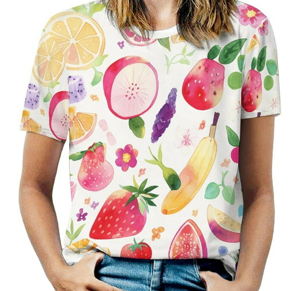 Various Fruits Womens Tops Women's Fashion Casual Short Sleeve Flower Print Round Neck Pullover Top Blouse