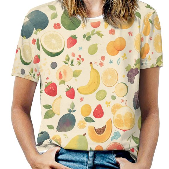 Various Fruits Womens Tops Women's Fashion Casual Short Sleeve Flower Print Round Neck Pullover Top Blouse