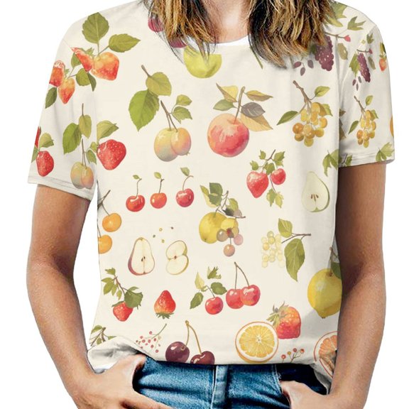 Various Fruits Womens Tops Women's Fashion Casual Short Sleeve Flower Print Round Neck Pullover Top Blouse
