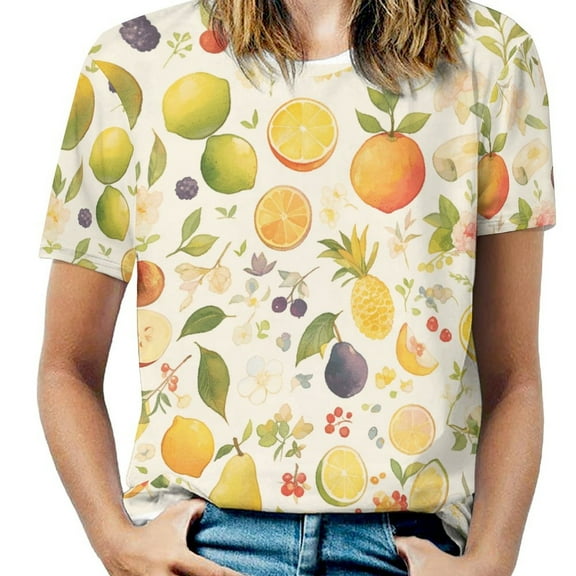 Various Fruits Womens Tops Women's Fashion Casual Short Sleeve Flower Print Round Neck Pullover Top Blouse