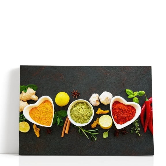 Various Herbs and Spices in Bowls, Kitchen Decor, Restaurant Art - Wrapped Canvas Print Wall Art | 18" W x 12" H