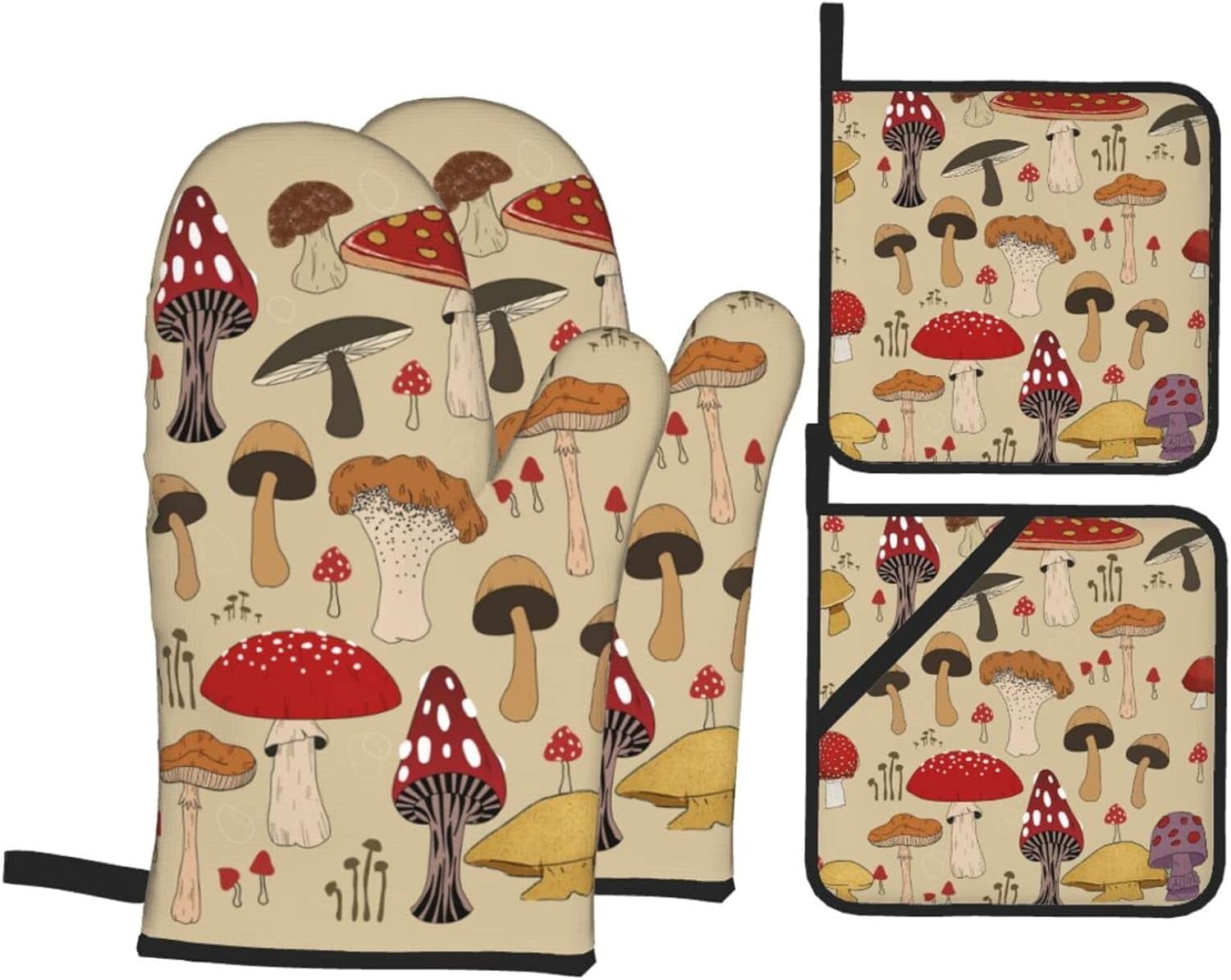 Various Mushroom Art Oven Mitts and Pot Holders Sets of 4 High Heat Resistant Oven Mitts with Oven Gloves and Hot Pads Polyester Potholders for Kitchen Baking Grilling BBQ Non-Slip Cooking Mitts