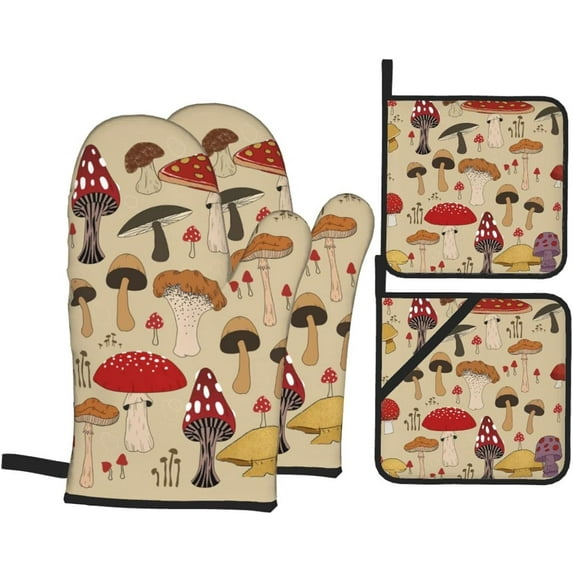 Various Mushroom Art Oven Mitts and Pot Holders Sets of 4 High Heat Resistant Oven Mitts with Oven Gloves and Hot Pads Polyester Potholders for Kitchen Baking Grilling BBQ Non-Slip Cooking Mitts