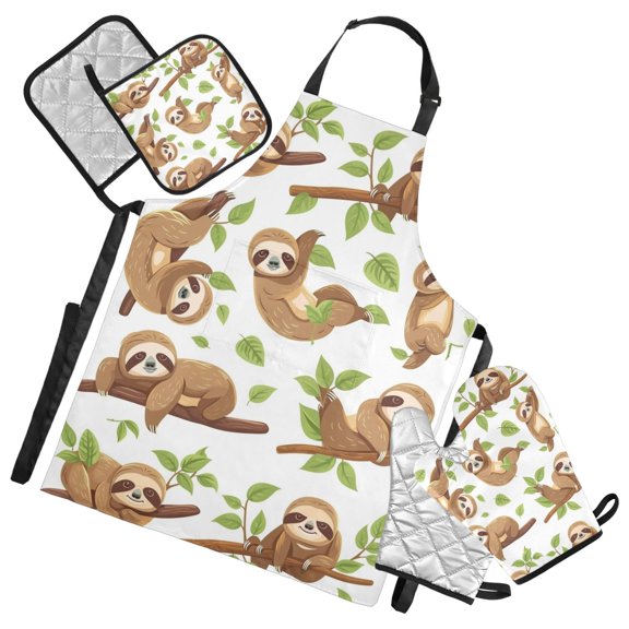 Various Pose Sloths 5 Pcs Kitchen Set Heat Resistant Oven Mitts and Non-Slip Pot Holders with Adjustable Cooking Apron