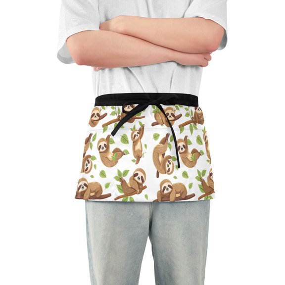 Various Pose Sloths Server Apron with 3 Pockets Waterproof Waitress Waist Short Apron for Man Woman 12 Inches