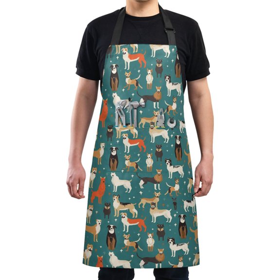 Various Poses Dogs Kitchen Apron with 2 Pockets Adjustable waterproof Cooking Aprons for Women Men Chef