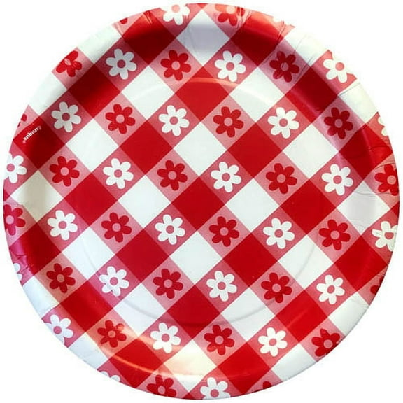 Various Red Gingham Summer Party Disposable Paper Plates, 8 Count