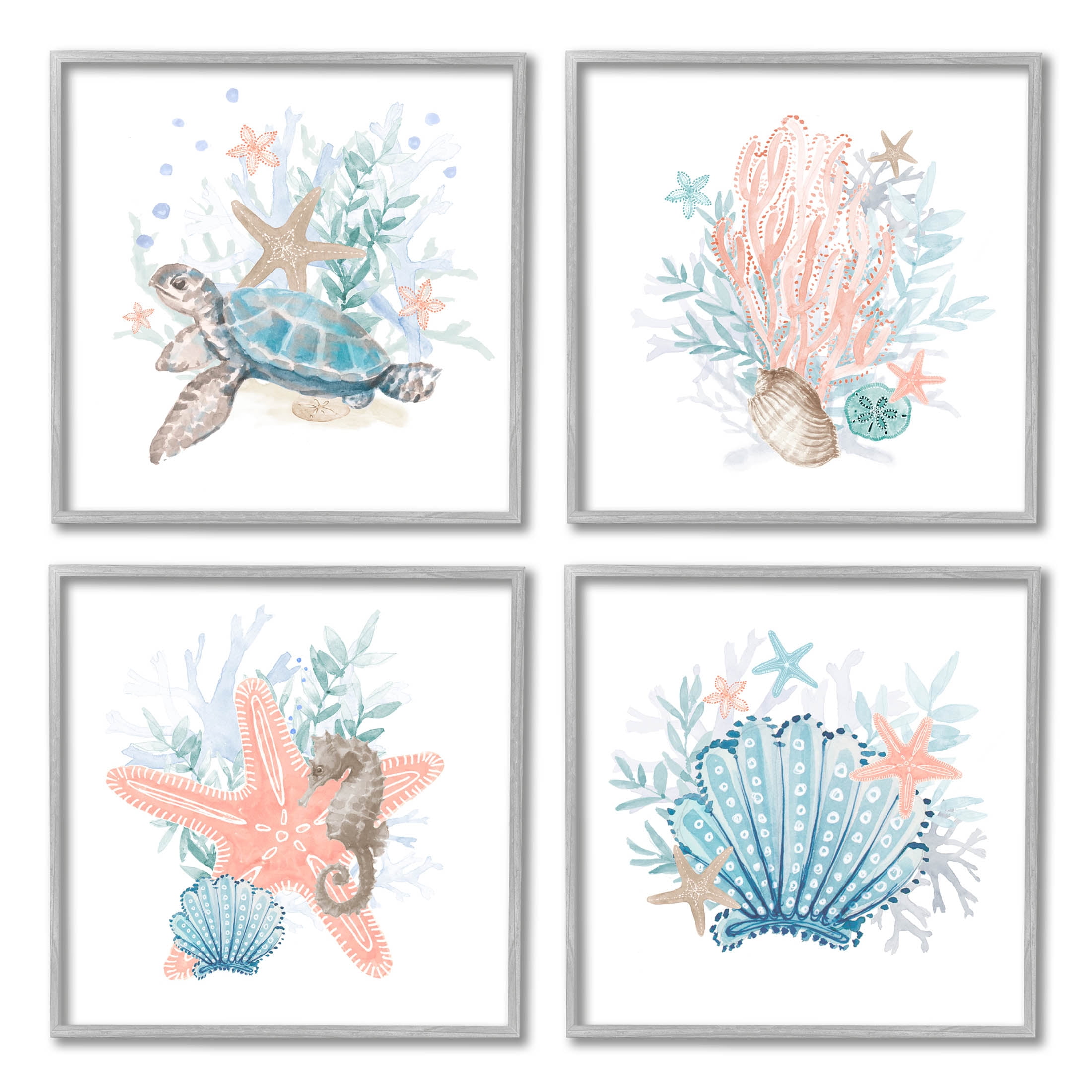 Various Sea Life Nautical Coral Reef Animals & Insects Graphic Art Gray Framed Art Print Wall Art, Set of 4