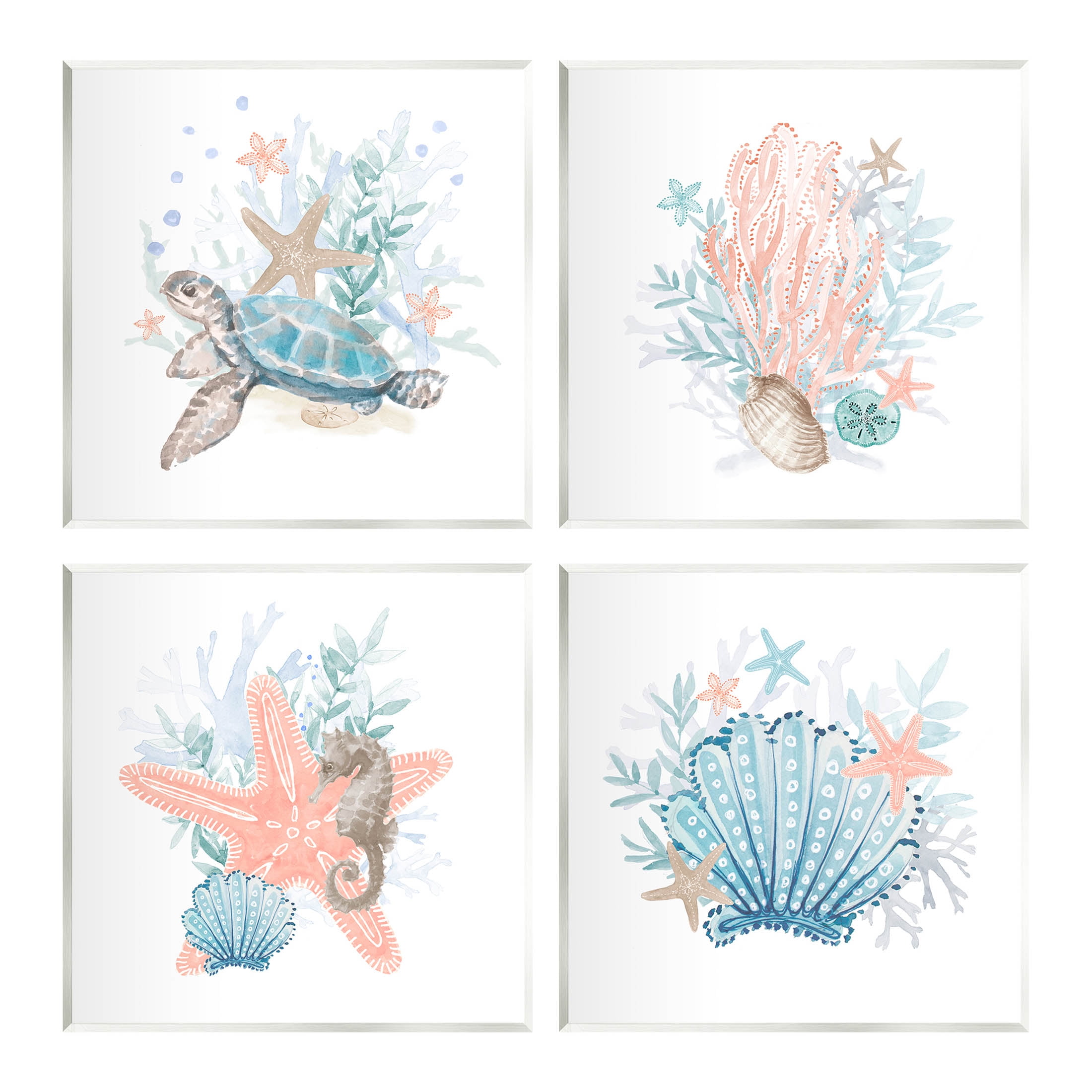 Nautical Coral Reef Sea Life Wood Wall Art Set, 12" x 12"