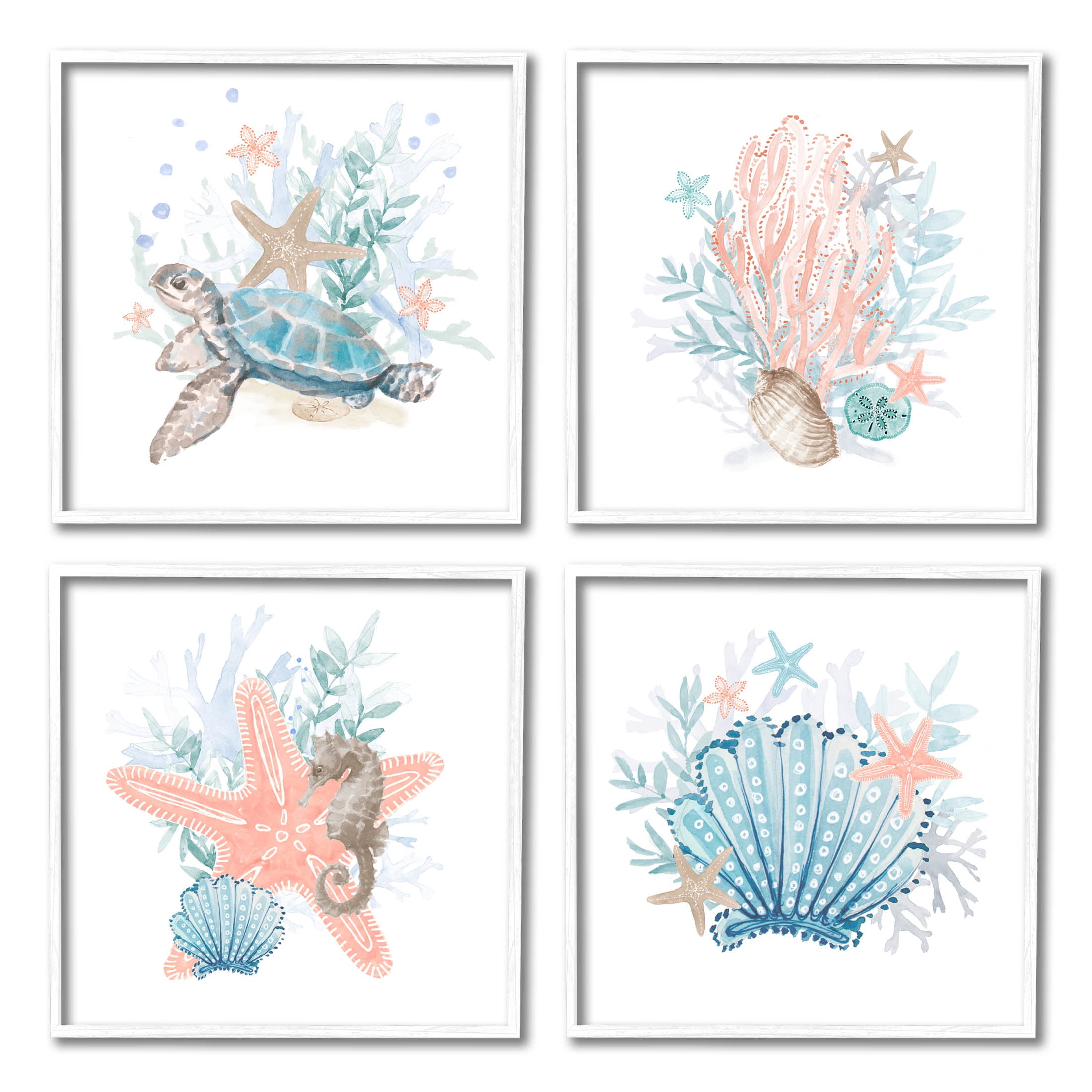 Various Sea Life Nautical Coral Reef Animals & Insects Graphic Art White Framed Art Print Wall Art, Set of 4