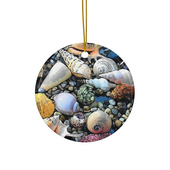 Various Seashells Christmas 2D FLAT CIRCLE Ceramic Ornament