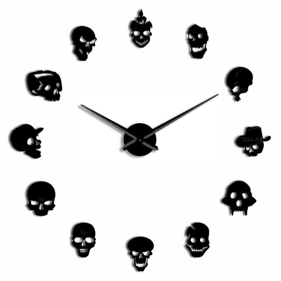 Various Skull Heads Frameless Wall Clock Stickers, DIY Modern Decorative Clocks for Living Room, Bedroom, Office - Easy to Install, Large 3D Clock Design (Black,47in)