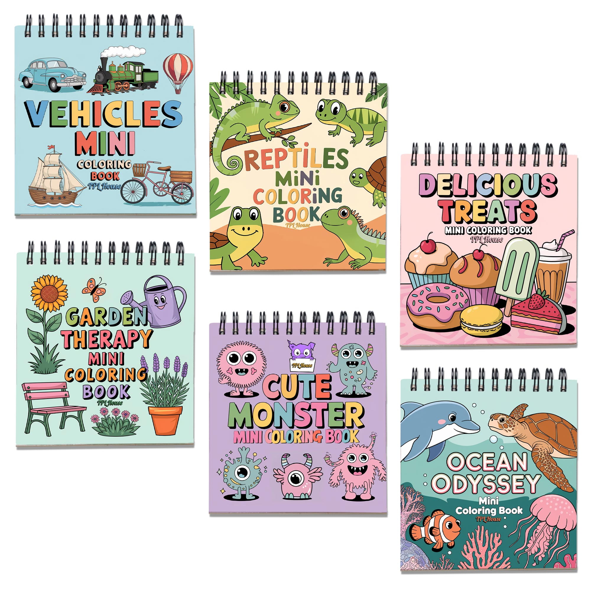 Various Themes Mini Coloring Book Spiral Bound for Adult, Pack 6, 3.5” x 3.5” Pocket Size, 40 Coloring Pages Stress & Anxiety Relief, Travel for Women Men