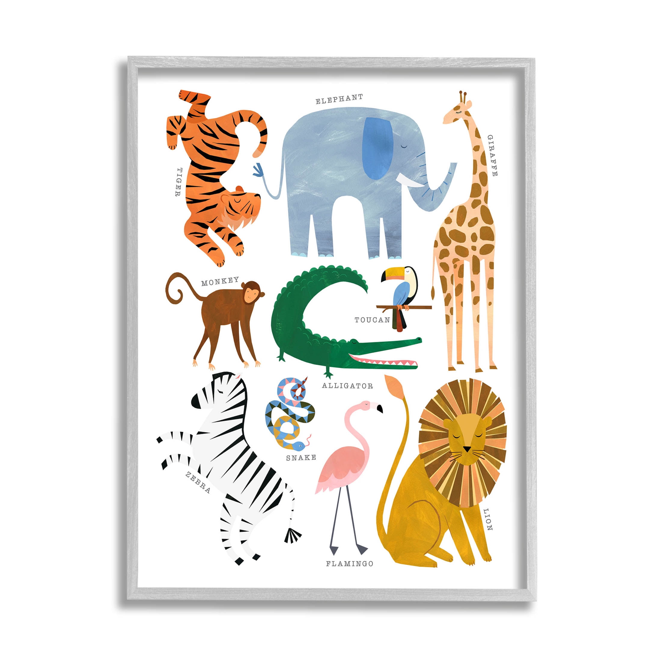 Various Wildlife Jungle Animals Animals & Insects Graphic Art Gray Framed Art Print Wall Art