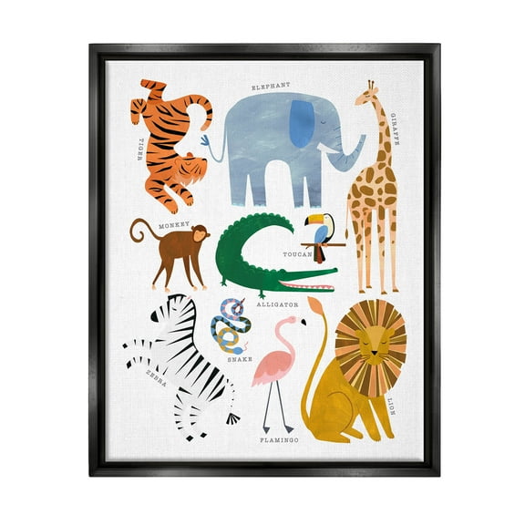 Various Wildlife Jungle Animals Animals & Insects Graphic Art Jet Black Framed Art Print Wall Art
