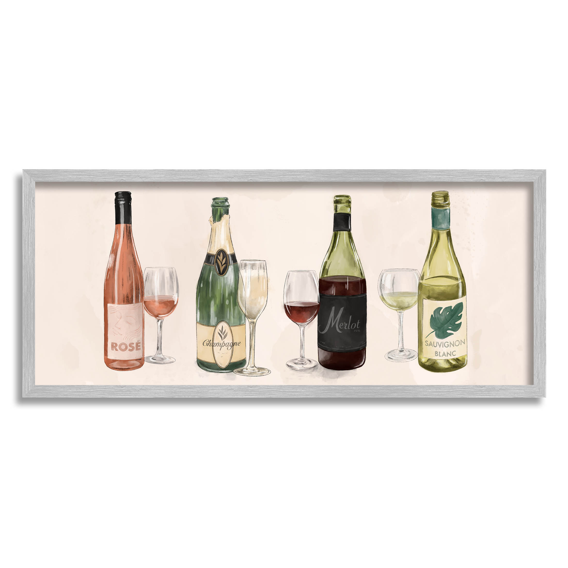 Various Wine Champagne Bottles Food & Beverage Graphic Art Gray Framed Art Print Wall Art