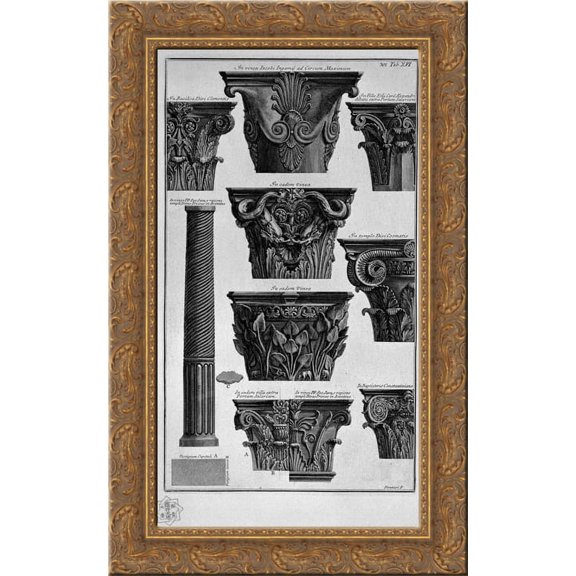 Various capitals, column (Villa Albani, St. Clement, St. Cosmas, etc.) 17x24 Gold Ornate Wood Framed Canvas Art by Piranesi, Giovanni Battista