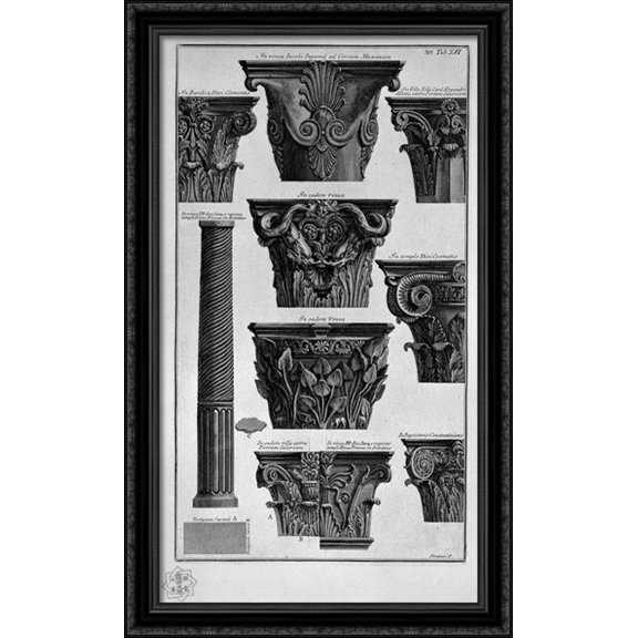Various capitals, column (Villa Albani, St. Clement, St. Cosmas, etc.) 24x40 Large Black Ornate Wood Framed Canvas Art by Giovanni Battista Piranesi
