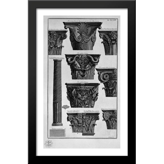 Various capitals, column (Villa Albani, St. Clement, St. Cosmas, etc.) 24x40 Large Black Wood Framed Print Art by Giovanni Battista Piranesi