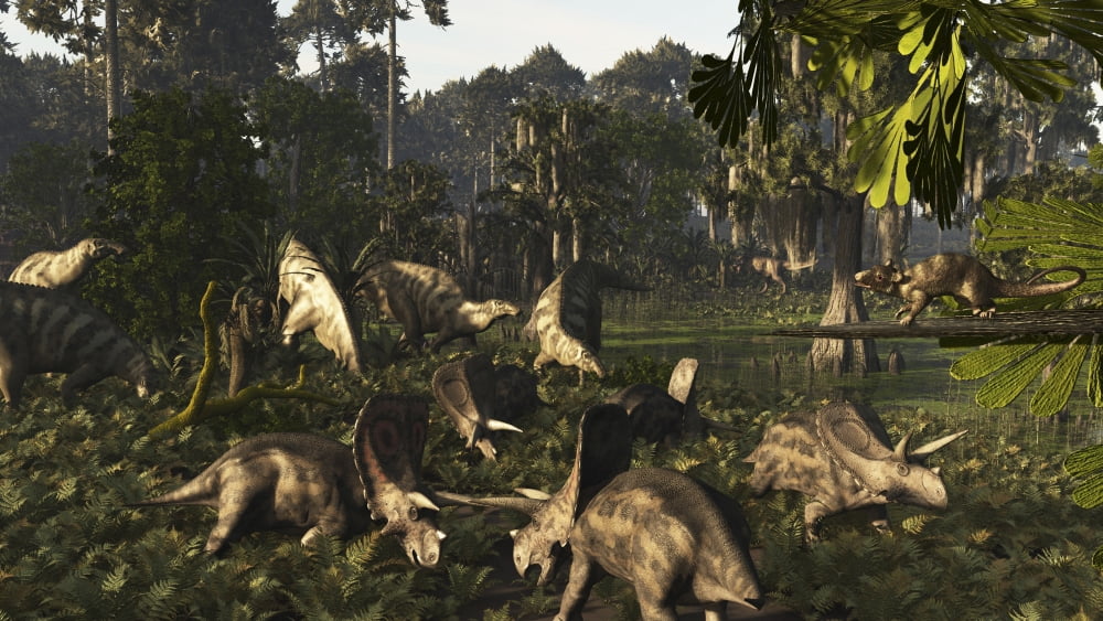 Various dinosaurs of the Hell Creek Formation Canvas Art - Arthur DoretyStocktrek Images (38 x 22)