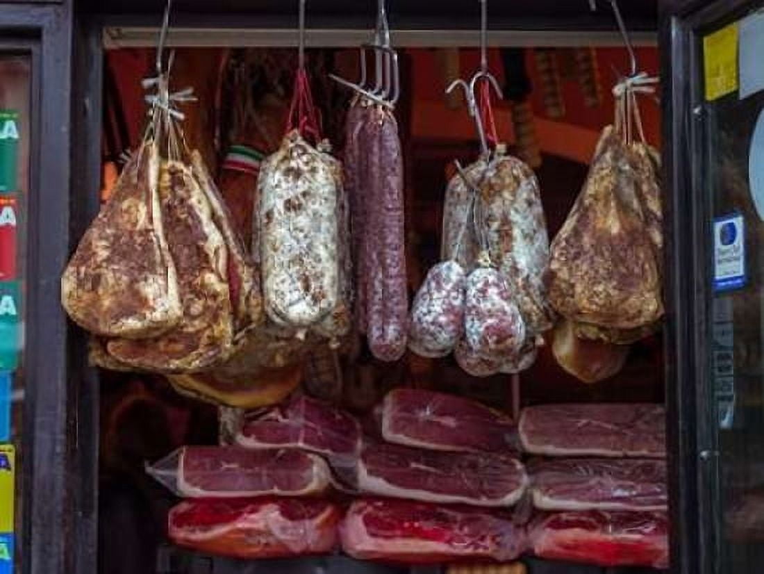 Various salami hanging in a window of an Italian Salami shop Rome Italy Canvas Art - Assaf Frank (18 x 24)