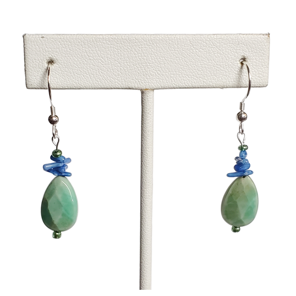 Variscite Gemstone and Blue Coral Earrings with Sterling Silver Hooks