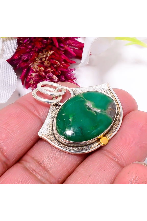Variscite - Green Turquoise 925 Sterling Silver Two Tone Designer Pendant 1.40" Sku18, Green Pendant, Natural Gemstone Pendant