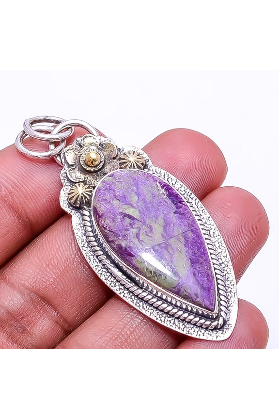 Variscite In Purpurite -Australia (Variscite In) Oxidised Two Tone Designer 925 Sterling Silver Pendant 2.03", Purple & Green Purpurite Pendant P_8065
