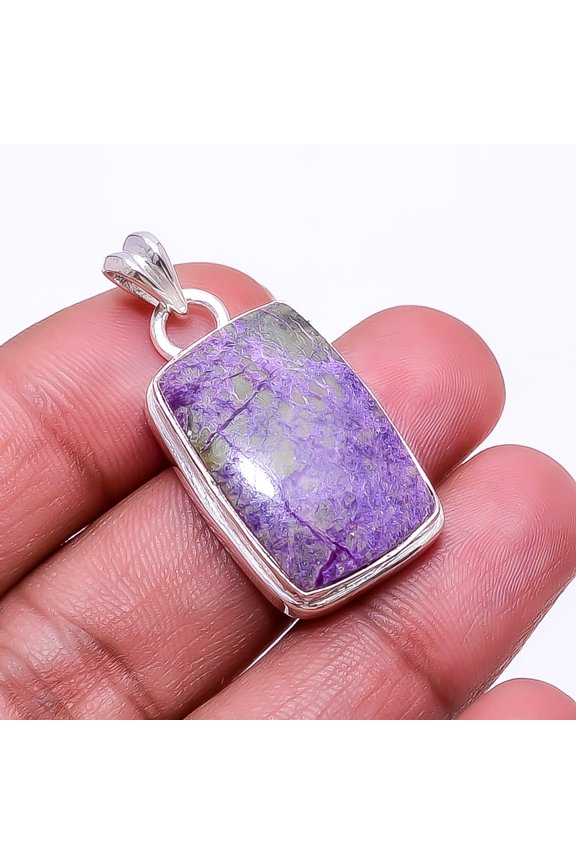 Variscite In Purpurite -Faires Tin Mine 925 Silver Plated Pendant 1.48", Purple & Green Purpurite Pendant P_9362_374_53