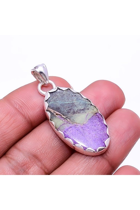 Variscite In Purpurite -Faires Tin Mine 925 Silver Plated Pendant 1.56", Purple & Green Purpurite Pendant P_9362_374_16