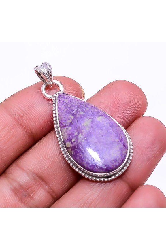 Variscite In Purpurite -Faires Tin Mine 925 Silver Plated Pendant 1.64", Purple & Green Purpurite Pendant P_9362_374_46