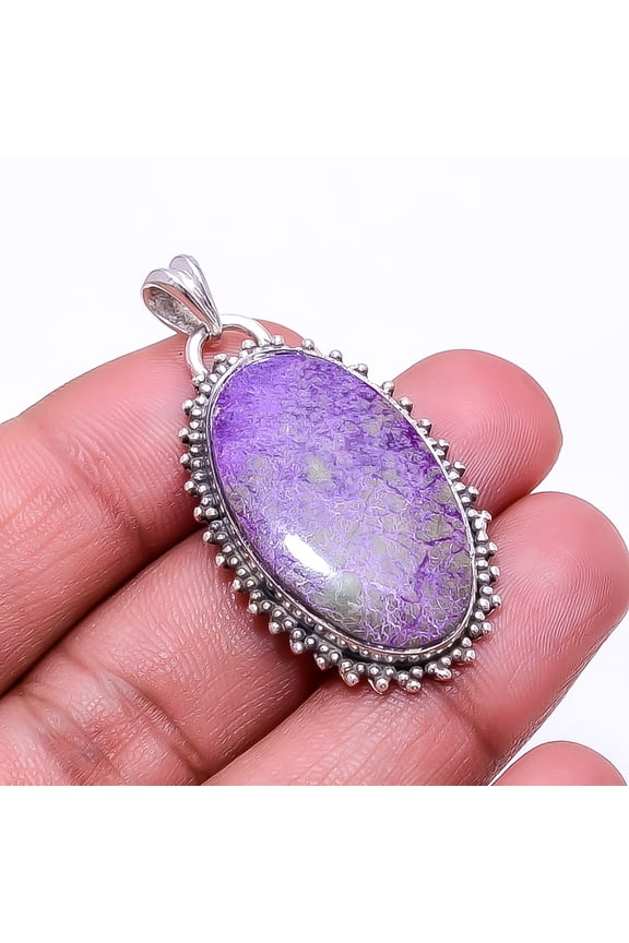 Variscite In Purpurite -Faires Tin Mine 925 Silver Plated Pendant 1.72", Purple & Green Purpurite Pendant P_9362_374_30