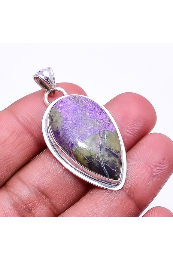 Variscite In Purpurite -Faires Tin Mine 925 Silver Plated Pendant 1.76", Purple & Green Purpurite Pendant P_9362_374_27