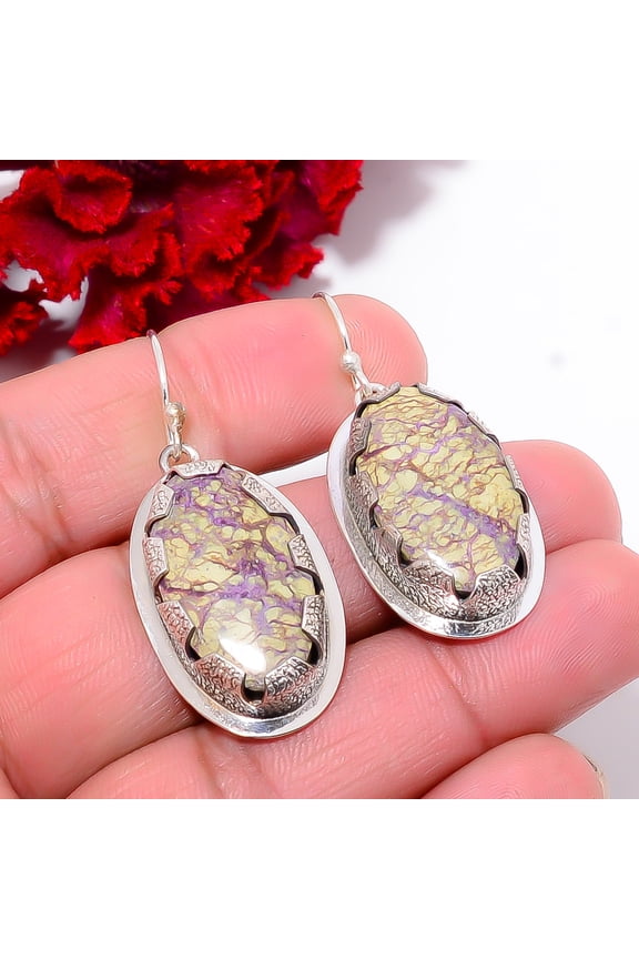 Variscite In Purpurite - Faires Tin Mine 925 Sterling Silver Earring 1.95" E10387, Christmas Gift