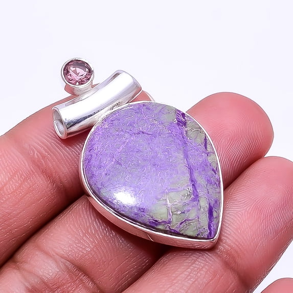 Variscite In Purpurite -Faires Tin Mine & Pink Amethyst 925 Sterling Silver Pendant 1.56", Purple & Green Purpurite Pendant P_9362_374_37