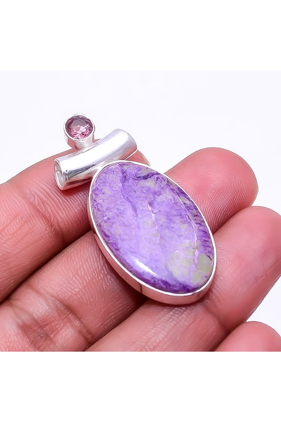 Variscite In Purpurite -Faires Tin Mine & Pink Amethyst 925 Silver Plated Pendant 1.64", Purple & Green Purpurite Pendant P_9362_374_50