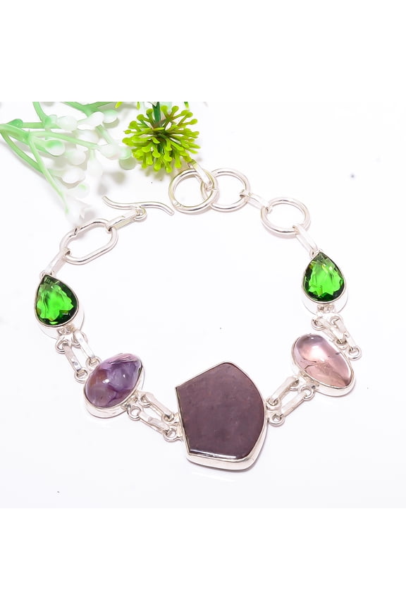 Variscite In Purpurite, Multi Gemstones 925 Sterling Silver Bracelet 7.99" B43