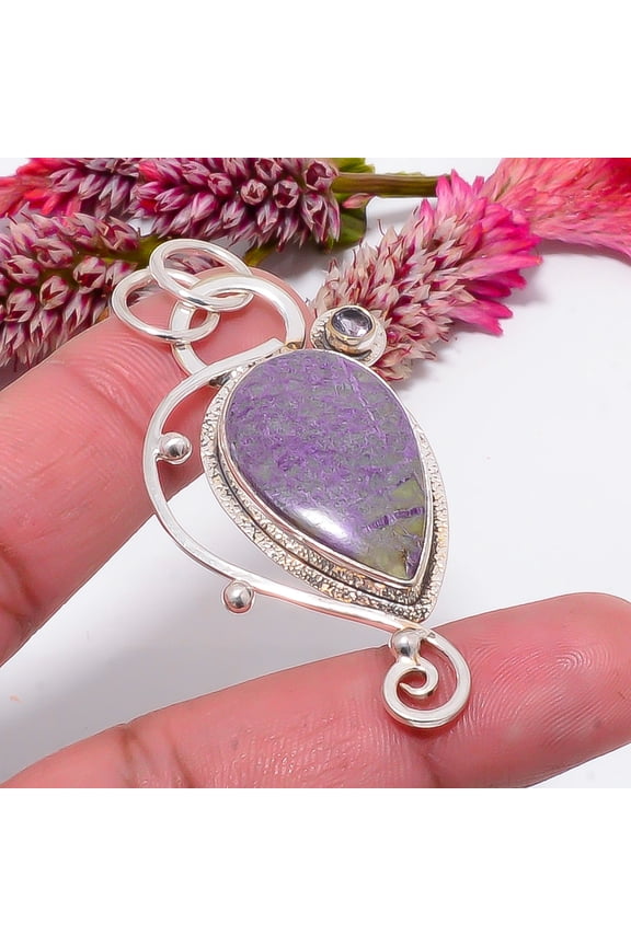 Variscite In Purpurite - Australia & Purple Amethyst Designer Handmade 925 Sterling Silver Pendant 2.26" Sku51, Purple Pendant, Natural Gemstone Penda