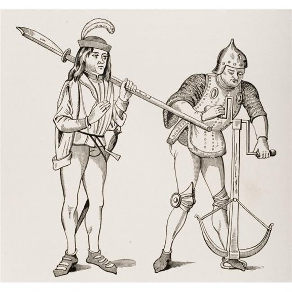 Varlet Or Squire Carrying Thick Bladed Halberd & Archer In Fighting Dress Drawing Crossbow String with Double Handled Poster Print, Large - 30 x 28