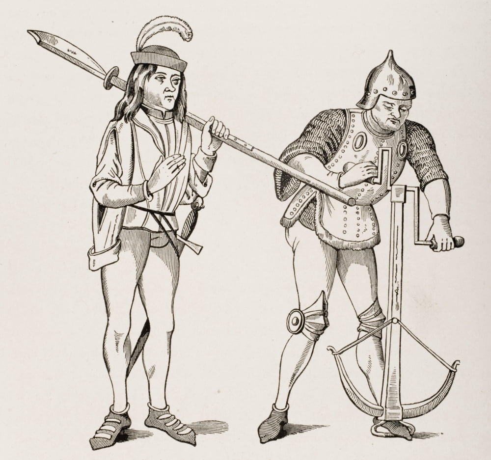 Varlet Or Squire Carrying Thick Bladed Halberd And Archer In Fighting Dress Drawing Crossbow String With Double Handled Winch From 15Th Century Miniatures Canvas Art - Ken Welsh  Design Pics (30 x 28)
