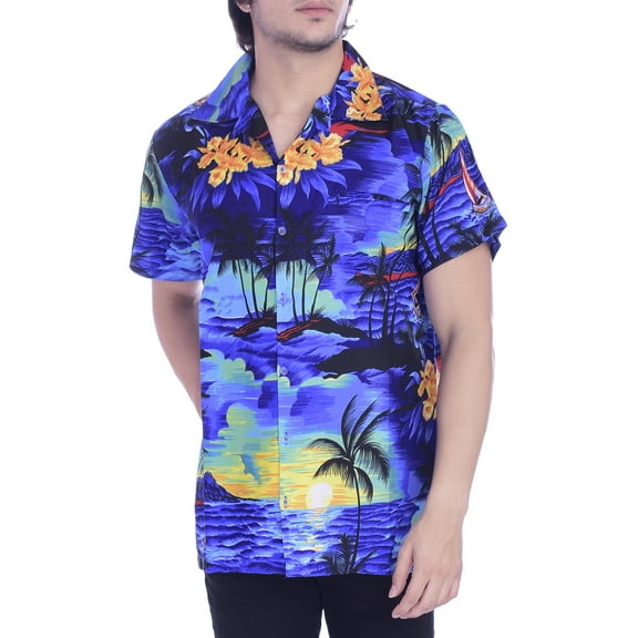 Varnit Crafts Hawaiian Shirt for Men Short Sleeve, Beach, Blue, L