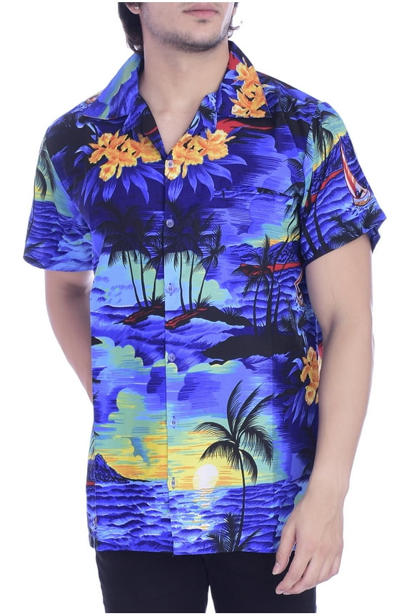 Hawaiian Shirt for Men Short Sleeve, Beach, Blue, L